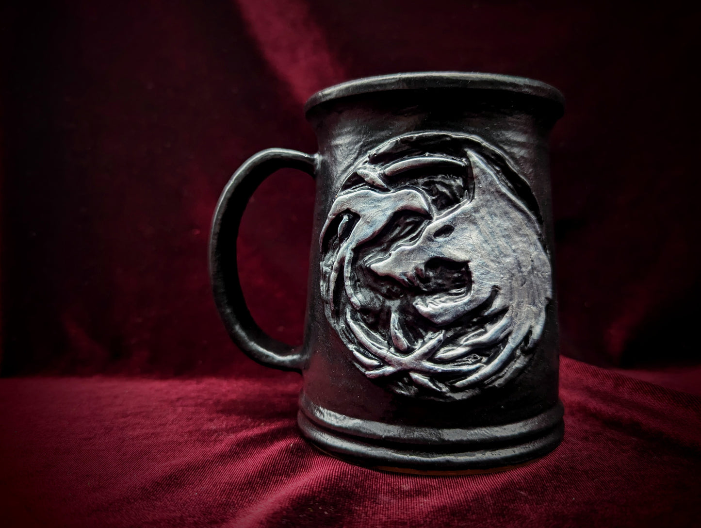 Wolf and Sparrow Witcher Mug - Black Cast Iron Look with Silver