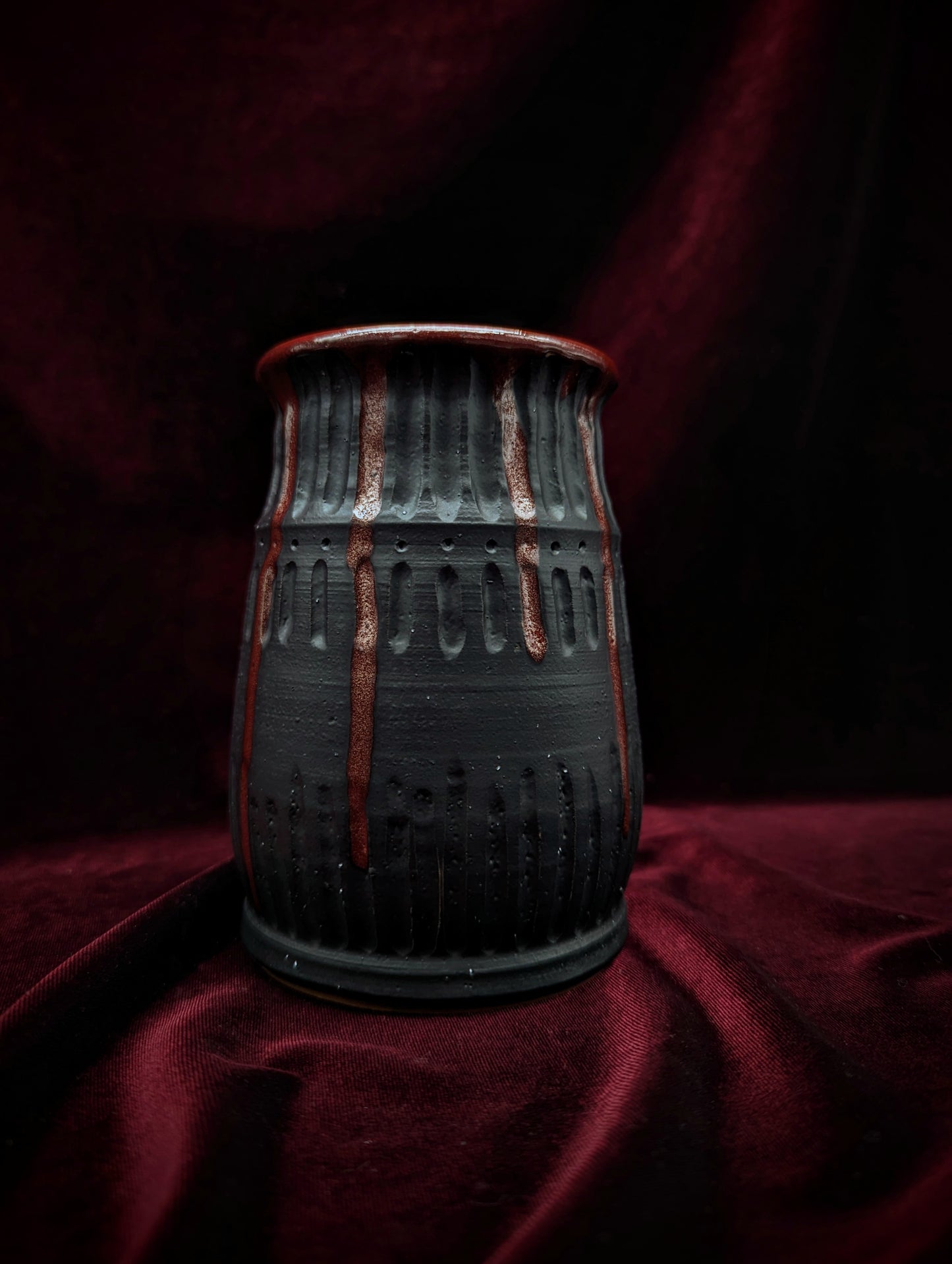 .Carved Vase - Black Ceramic Cast Iron Look Glaze