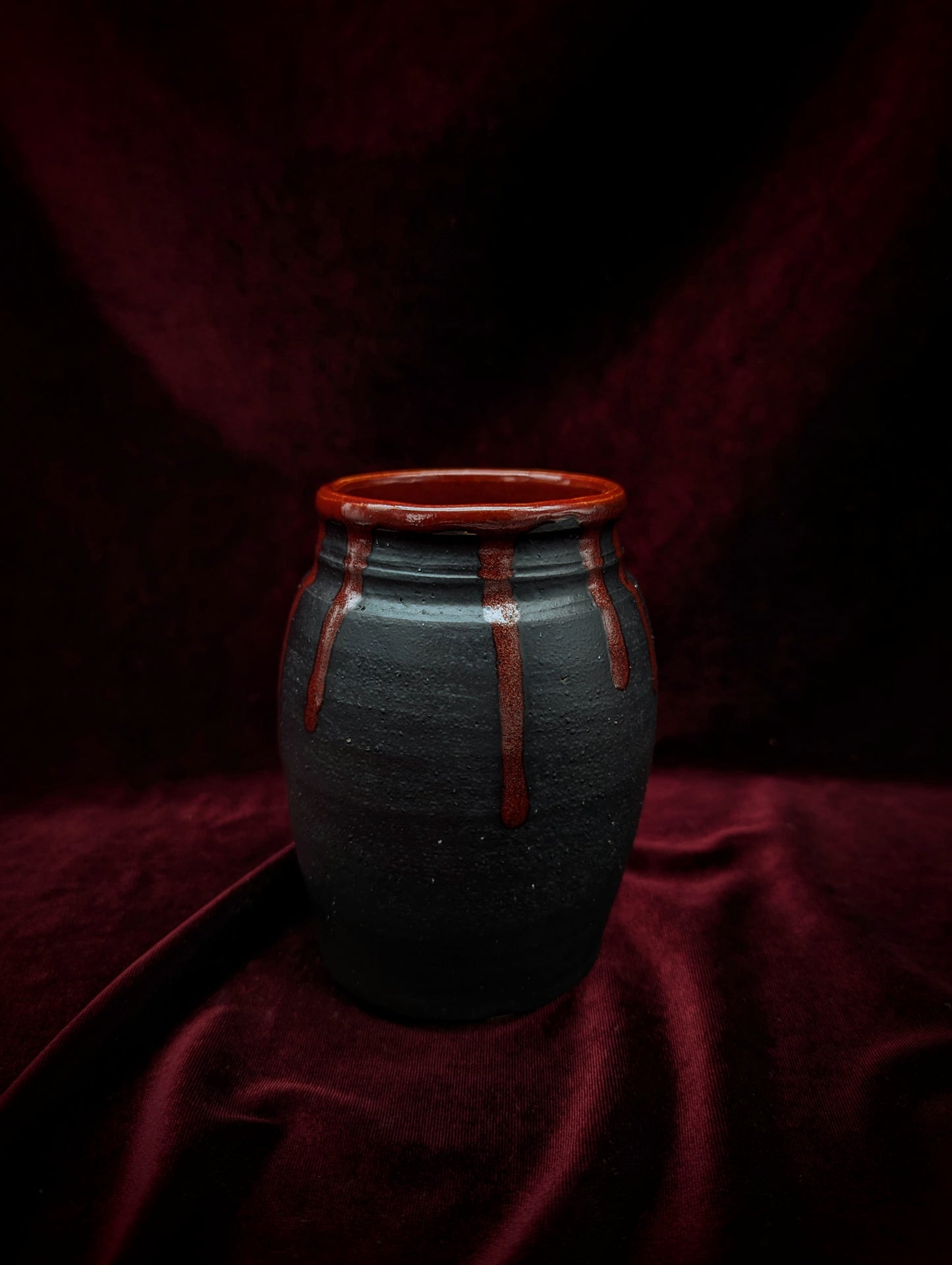.Red Drips Vase - Black Ceramic Cast Iron Look Glaze
